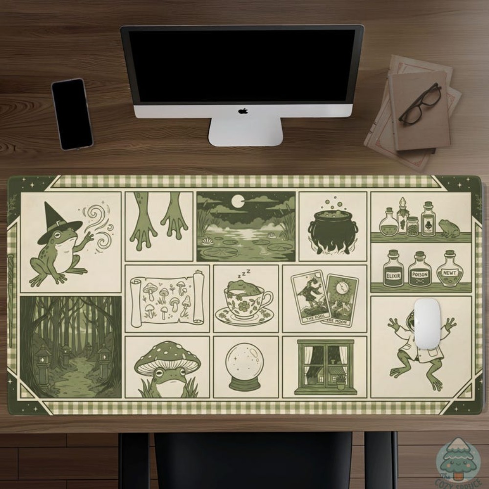 Desk Setup Aesthetic - Witchy Frog Apothecary Desk Mat, Sage