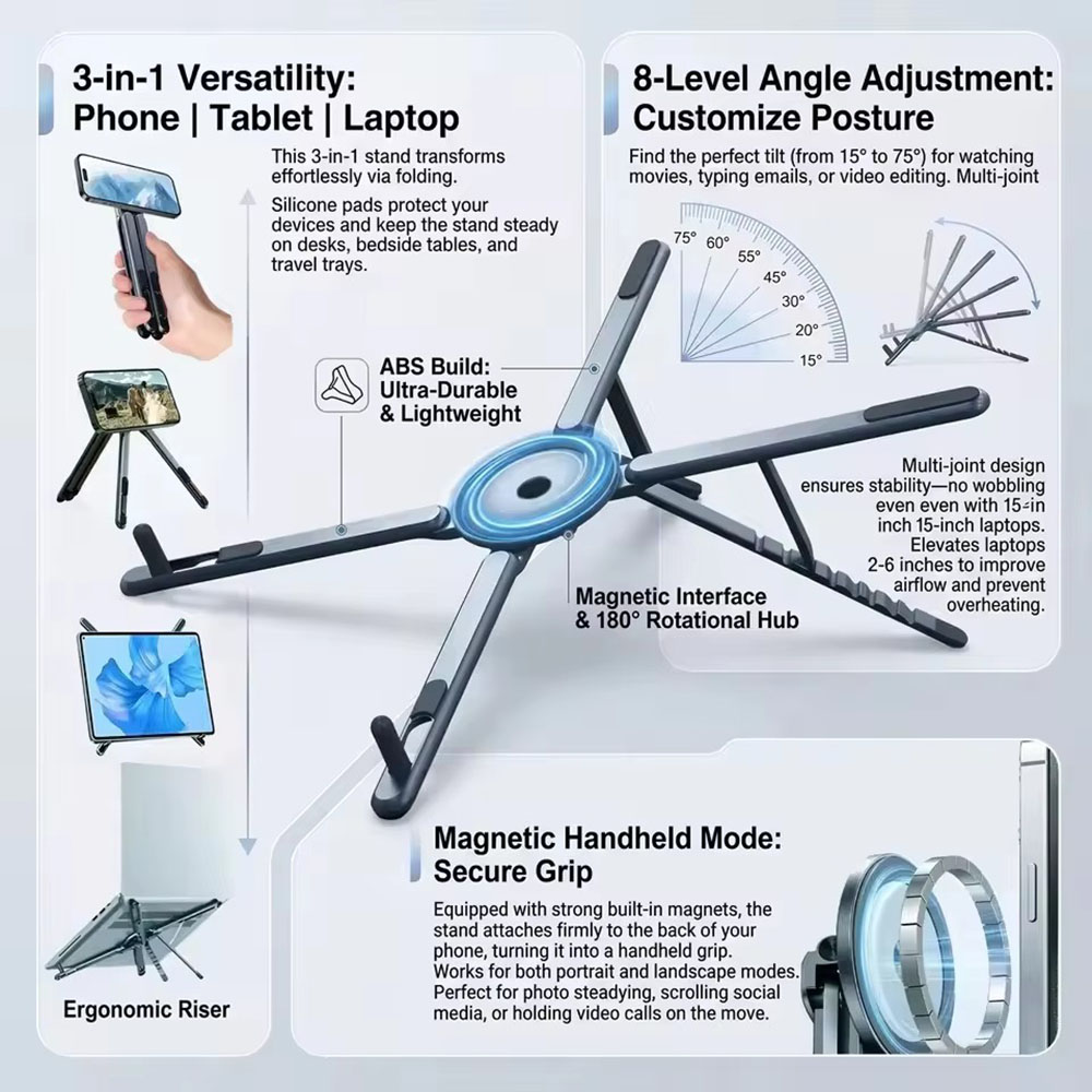 Desk Setup Stand - Portable Magnetic Phone Holder & Selfie