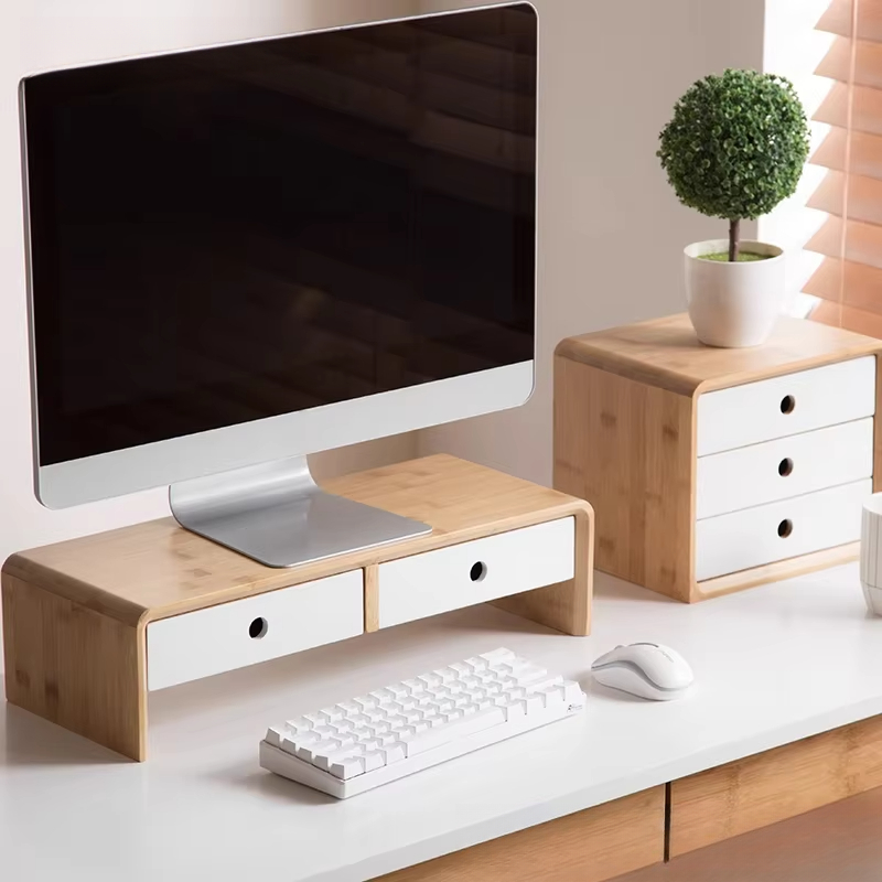 Desk Setup With Laptop And Monitor - Bamboo Laptop Monitor Riser Eco-Friendly Desktop