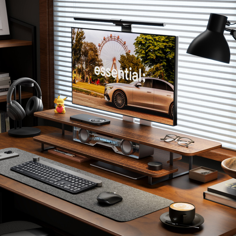 Walnut Finish Monitor Stand Ri - đánh giá và giá Desk Setup With Laptop And Monitor