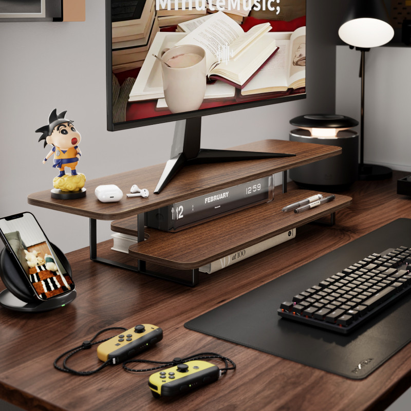 Walnut Finish Monitor Stand Ri - đánh giá và giá Desk Setup With Laptop And Monitor