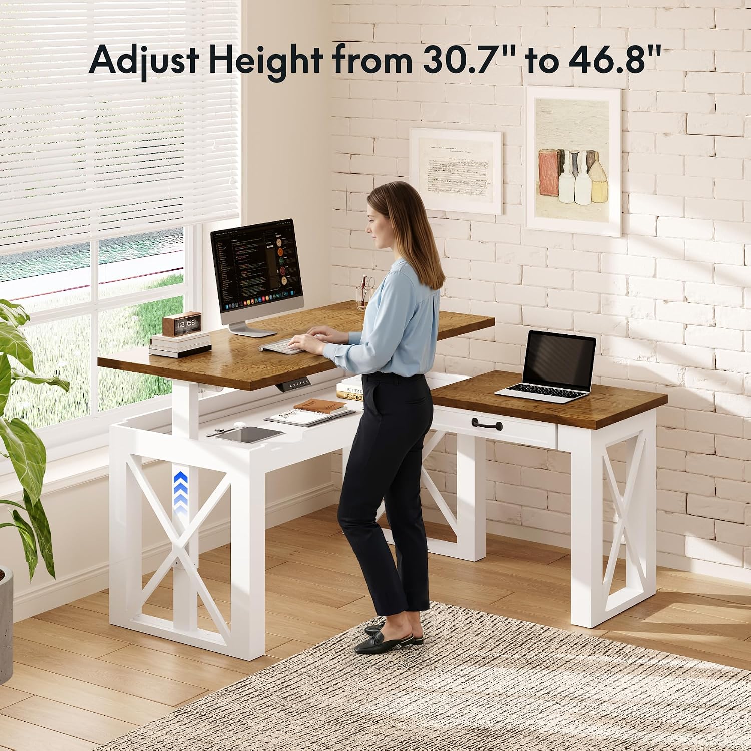 L Shaped Standing Desk with Dr - đánh giá và giá Setup Desk Monitor
